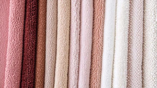 Chenille Fabric samples in various neutral colors close up arranged, texture detail, interior design palette background, AI Generated