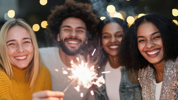 Group of multiracial adults celebrating New Year with sparklers outdoors, joyful winter scene, AI generated