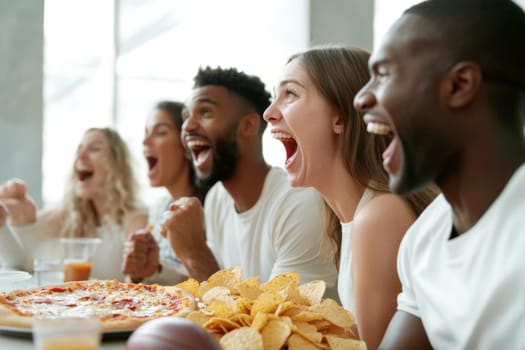 Friends watching Super Bowl football game eating snacks together at home, AI generated