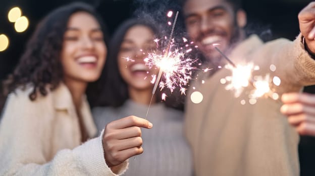 Group of multiracial adults celebrating New Year with sparklers outdoors, joyful winter scene, AI generated