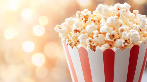 Popcorn bucket with pastel bokeh background, concept of fun and relaxation, AI Generated