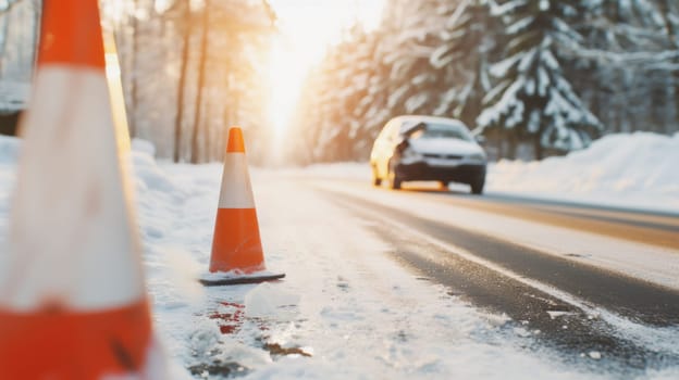 Orange traffic cone in foreground on snowy road with car accident, concept of safety on the winter roads, AI Generated