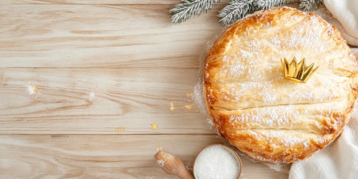 Three kings holiday festive cake topped with golden paper crown on a table, background, AI generated