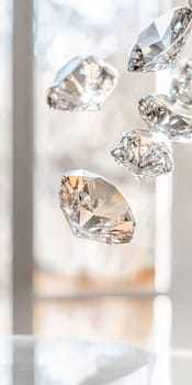 Diamonds with sparkling facets on bokeh background, concept of luxury and elegance, AI generated