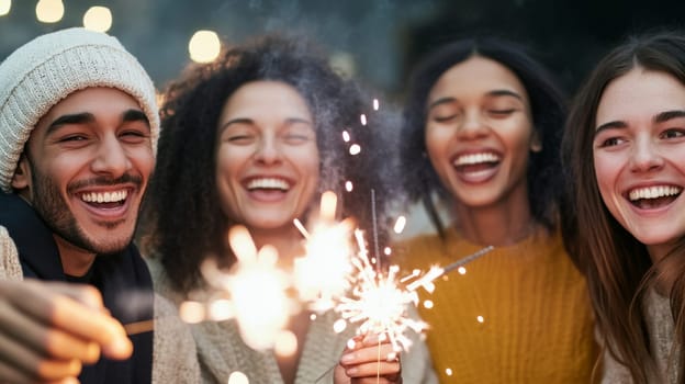 Group of multiracial adults celebrating New Year with sparklers outdoors, joyful winter scene, AI generated