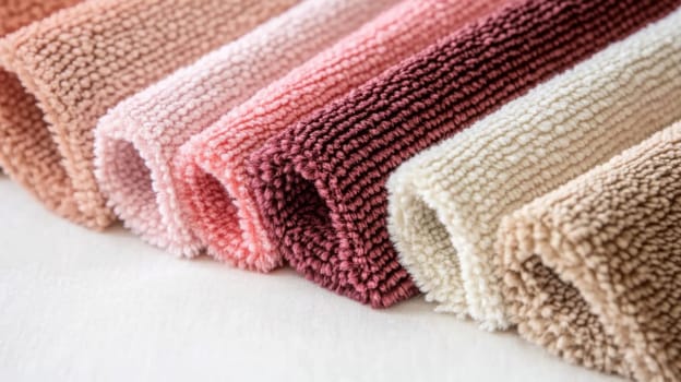 Chenille Fabric samples in various neutral colors close up arranged, texture detail, interior design palette background, AI Generated