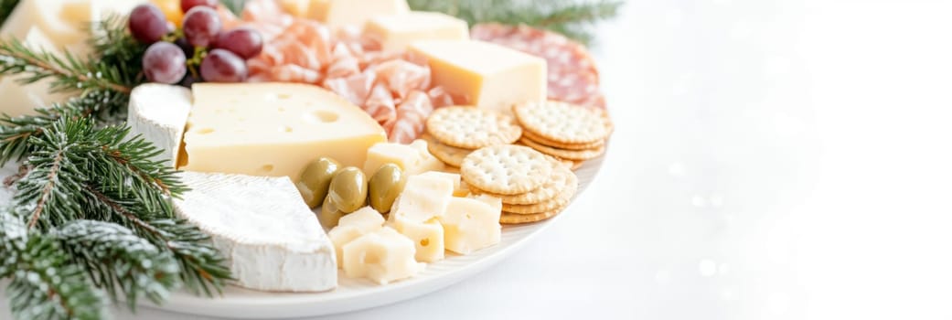 Christmas or New Year holiday charcuterie platter with cheeses, salami, grapes, olives on board, festive background, copy space, AI generated