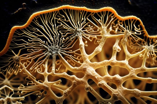Natural fungus mycelium network texture closeup. Filaments of fungi microorganisms microscopy. AI Generative content