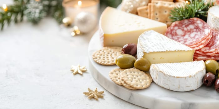 Christmas or New Year holiday charcuterie platter with cheeses, salami, grapes, olives on board, festive background, copy space, AI generated