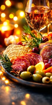 Festive charcuterie board with assorted cheeses and meats on rustic table, background, AI generated
