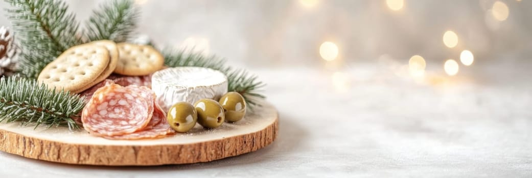 Christmas or New Year holiday charcuterie platter with cheeses, salami, grapes, olives on board, festive background, copy space, AI generated