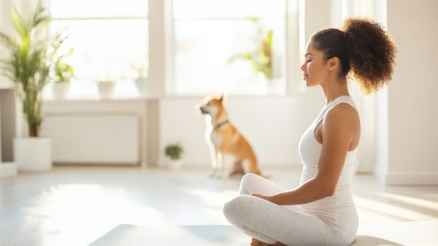 Woman practicing yoga in bright room with dog in background, AI Generated