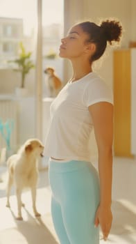 Woman practicing yoga in bright room with dog in background, AI Generated
