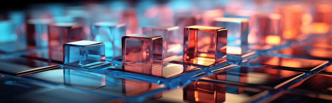 Abstract background of reflective neon purple, blue and orange glass cubes with copy space, AI generated