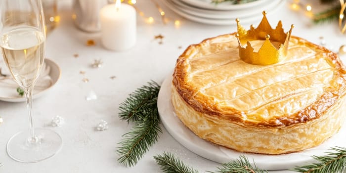 Three kings holiday festive cake topped with golden paper crown on a table, background, AI generated