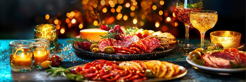 Festive charcuterie board with assorted cheeses and meats on rustic table, background, AI generated