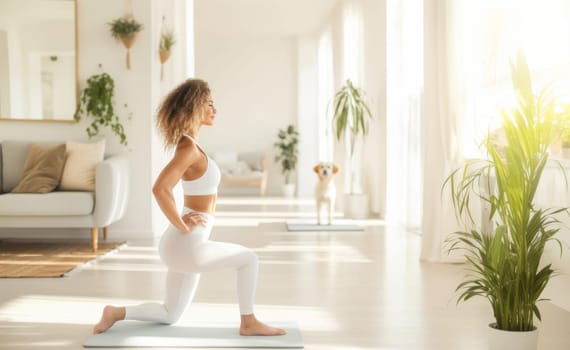 Woman practicing yoga in bright room with dog in background, AI Generated