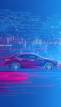 sport car silhouette with vibrant dynamic lines showing motion, surrounded by data streams