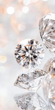 Diamonds with sparkling facets on bokeh background, concept of luxury and elegance, AI generated