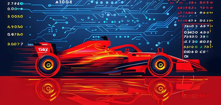 sport car silhouette with vibrant dynamic lines showing motion, surrounded by data streams