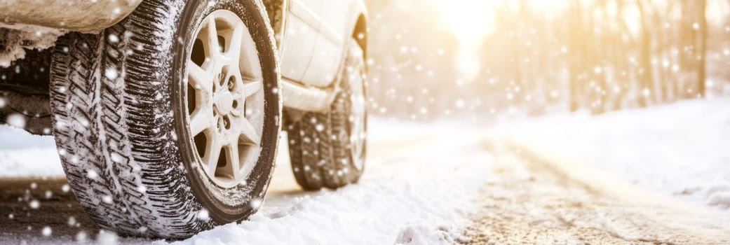 Car on snowy forest road with sunlight, winter tires replacing service concept, copy space banner background, AI Generated