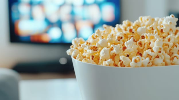 Popcorn in paper bucket on table with blurred TV screen in background, weekend home party, AI Generated