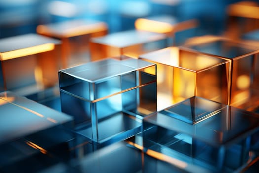 Abstract background of reflective neon purple, blue and orange glass cubes with copy space, AI generated