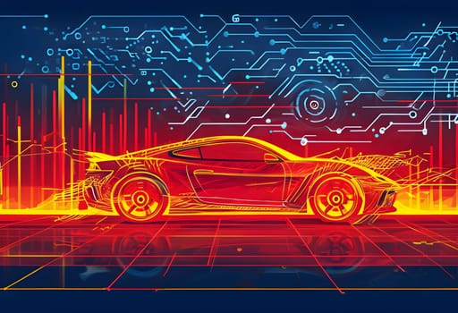 sport car silhouette with vibrant dynamic lines showing motion, surrounded by data streams