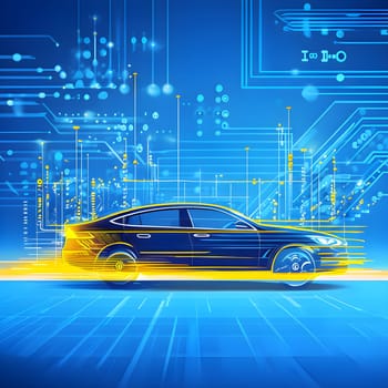 sport car silhouette with vibrant dynamic lines showing motion, surrounded by data streams