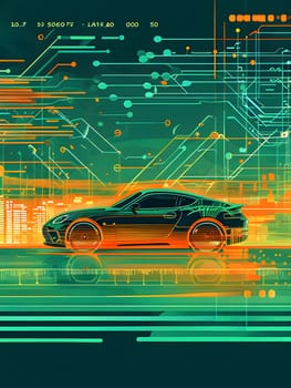 sport car silhouette with vibrant dynamic lines showing motion, surrounded by data streams