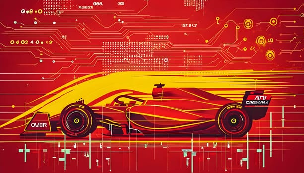 sport car silhouette with vibrant dynamic lines showing motion, surrounded by data streams