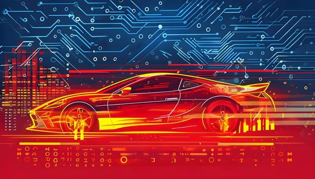sport car silhouette with vibrant dynamic lines showing motion, surrounded by data streams