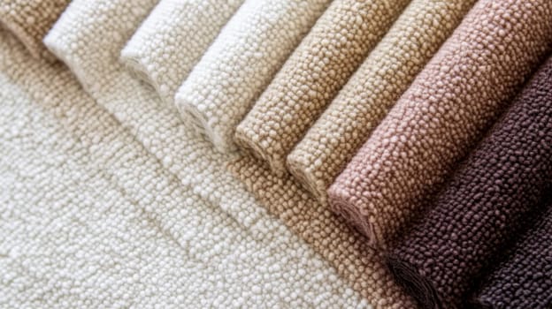 Boucle Fabric samples in various neutral colors close up arranged, texture detail, interior design palette background, AI generated