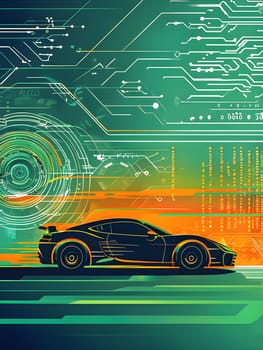 sport car silhouette with vibrant dynamic lines showing motion, surrounded by data streams