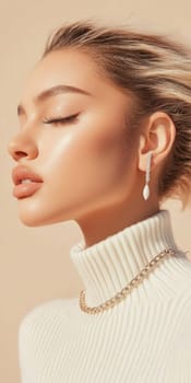 Young woman in profile with closed eyes wearing white turtleneck, background, AI generated
