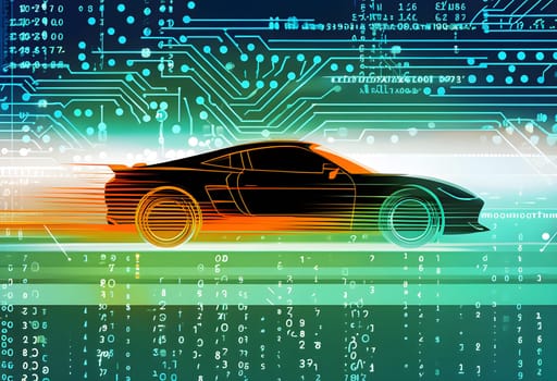sport car silhouette with vibrant dynamic lines showing motion, surrounded by data streams