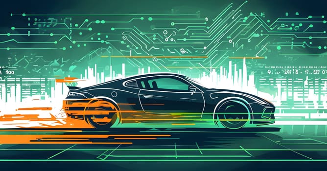 sport car silhouette with vibrant dynamic lines showing motion, surrounded by data streams