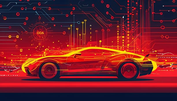 sport car silhouette with vibrant dynamic lines showing motion, surrounded by data streams