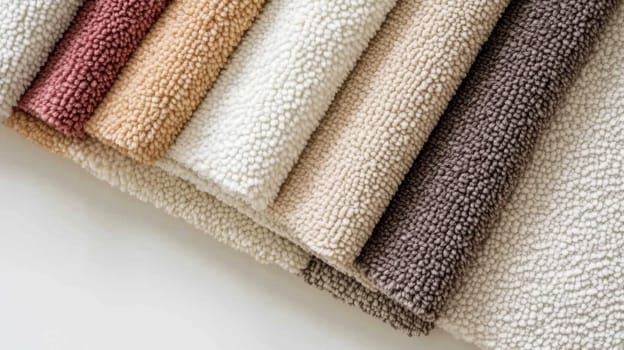 Chenille Fabric samples in various neutral colors close up arranged, texture detail, interior design palette background, AI Generated
