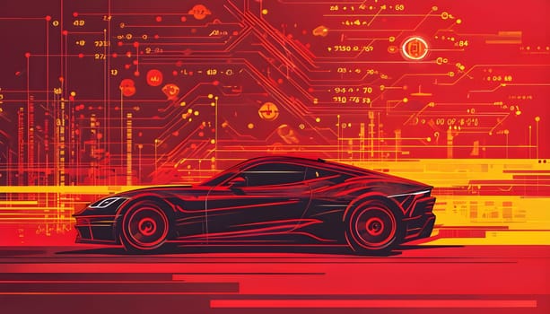sport car silhouette with vibrant dynamic lines showing motion, surrounded by data streams