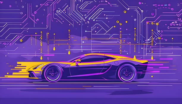 sport car silhouette with vibrant dynamic lines showing motion, surrounded by data streams