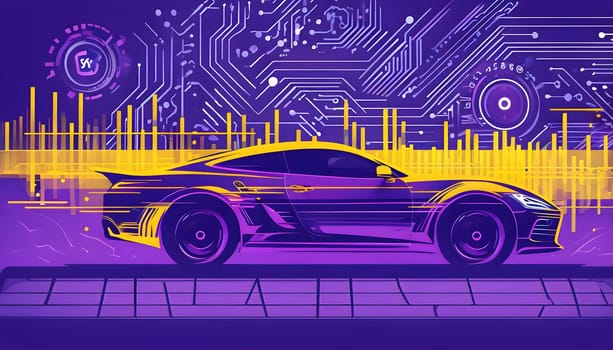 sport car silhouette with vibrant dynamic lines showing motion, surrounded by data streams