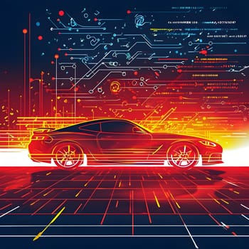 sport car silhouette with vibrant dynamic lines showing motion, surrounded by data streams