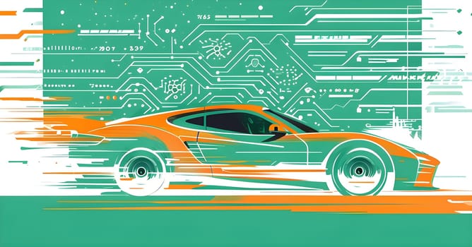sport car silhouette with vibrant dynamic lines showing motion, surrounded by data streams