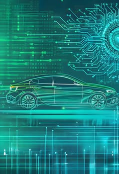 sport car silhouette with vibrant dynamic lines showing motion, surrounded by data streams