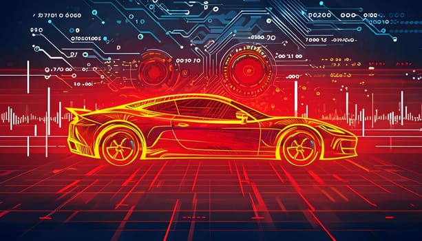 sport car silhouette with vibrant dynamic lines showing motion, surrounded by data streams
