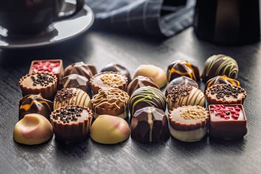 Mix of chocolate pralines on a black table.