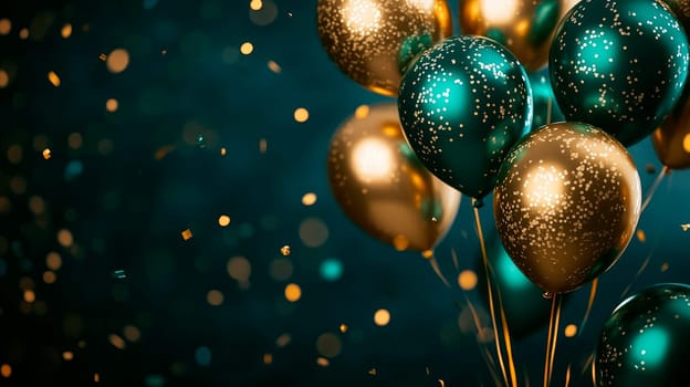 Luxurious golden and green helium balloons. Background for anniversary, birthday, sale and promotion. AI generated