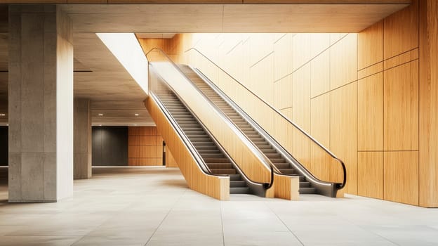 Minimalist empty shopping mall interior with modern escalator. AI generated