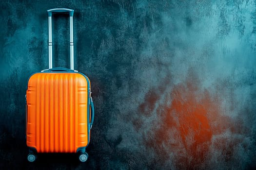 An orange rolling suitcase lying on dark stone surface. Vacations or travel concept. AI generated